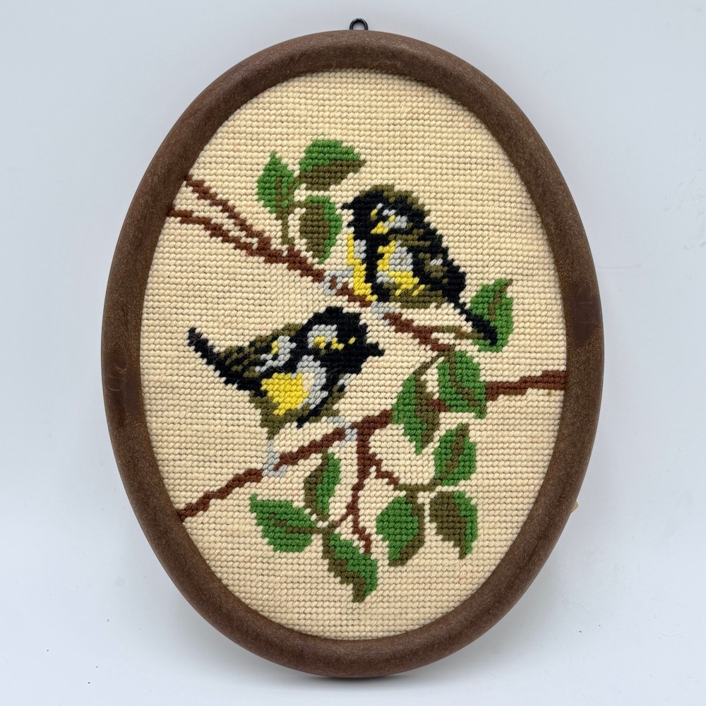 Vintage 1988 Handmade Needlepoint Bird Art Oval Frame Two Great Birds 8 x 10